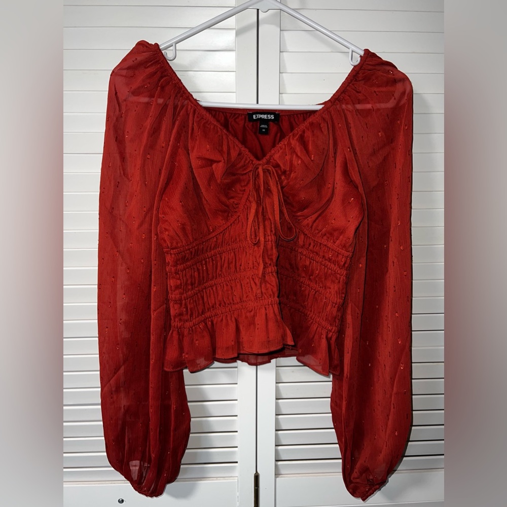 Express Metallic Dot V-Neck Smocked Top